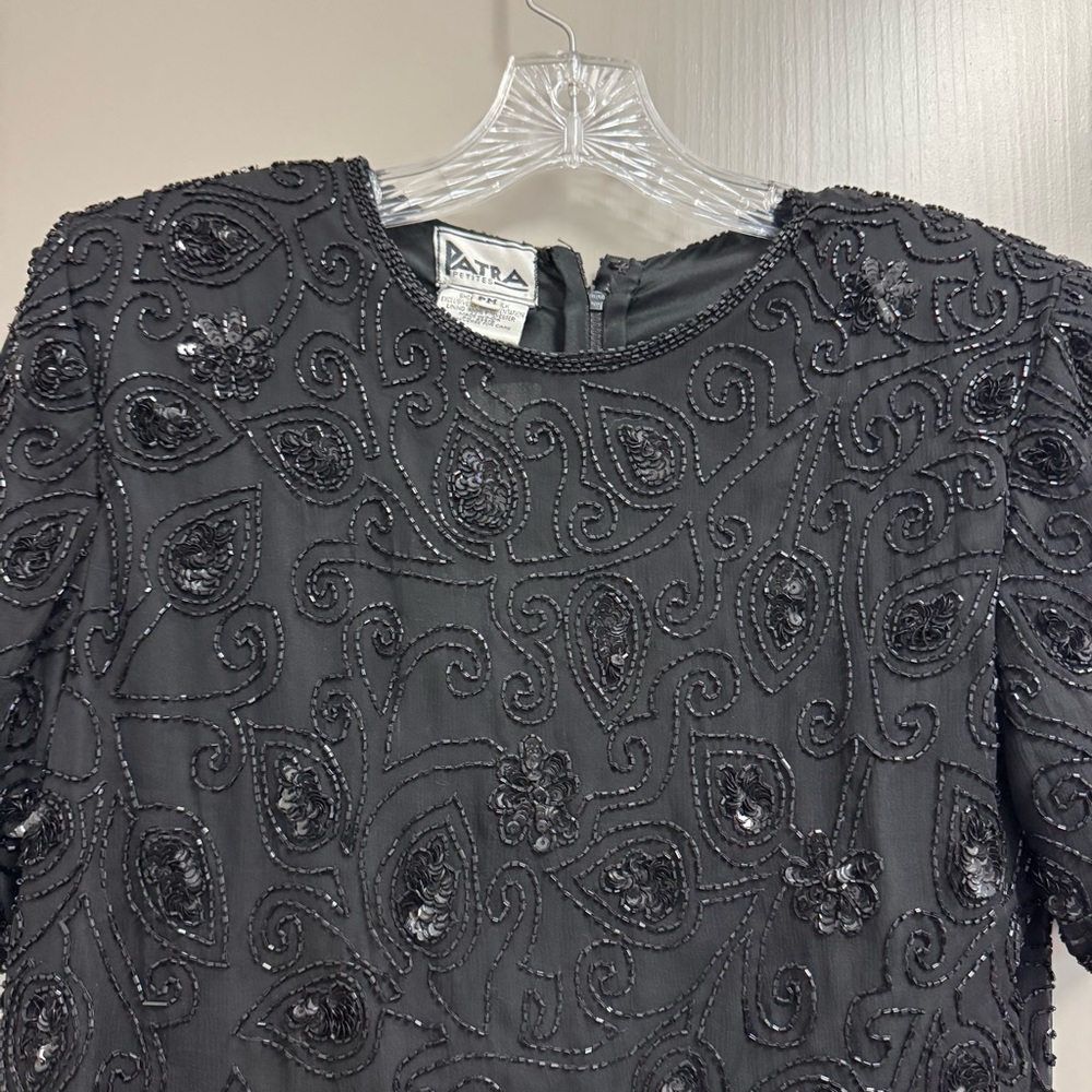NWT Vintage Patra Petites 100% Silk Beaded Sequined Evening Top Black 80’s Sz MP - Picture 2 of 11
